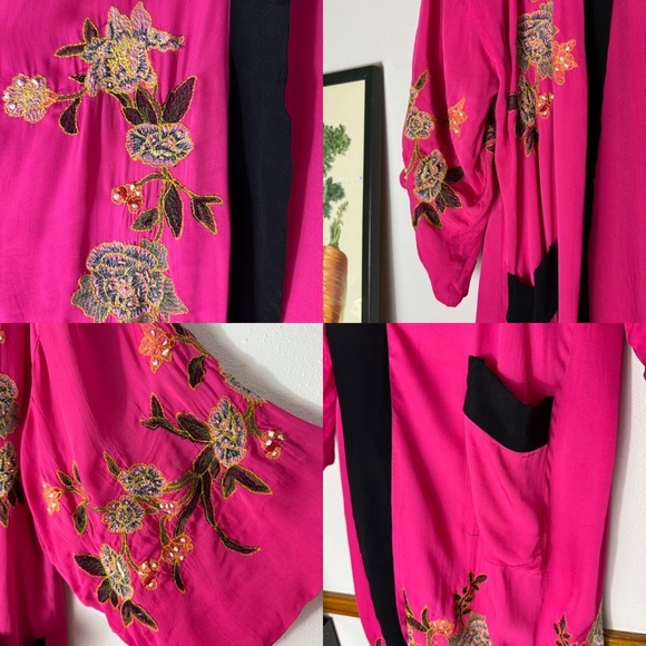 Free People hot pink embroidered floral long kimono size XS/S - Picture 9 of 16
